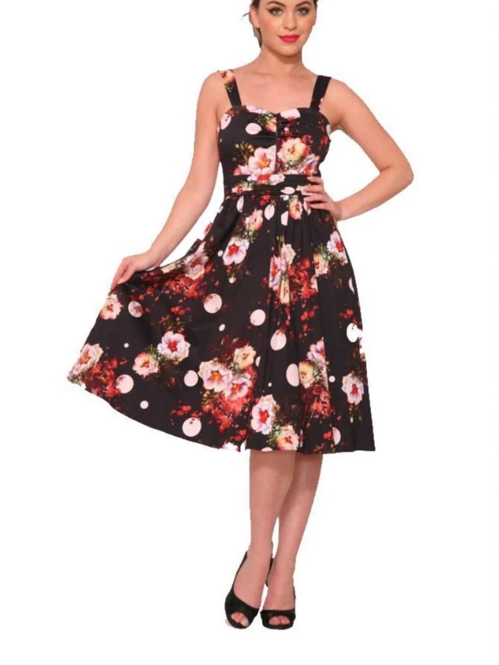Rare boutique collectible -Pinup Floral Fit-and-Flare Dress w/ dots swing dress